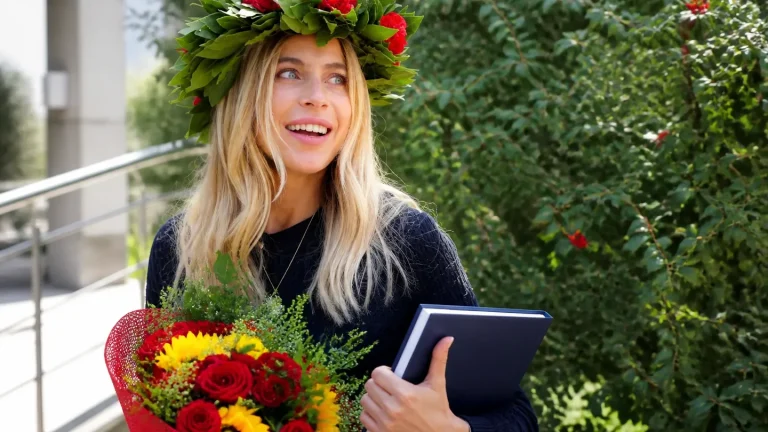 donna sorridente con corona d’alloro che festeggia la laurea tenendo in mano la tesi