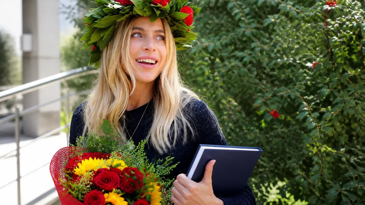 donna sorridente con corona d’alloro che festeggia la laurea tenendo in mano la tesi