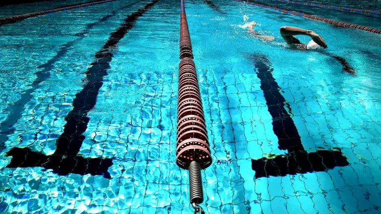 Persona che nuota a stile libero in una piscina coperta vista dall alto