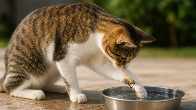 gatto domestico che tocca l’acqua della ciotola con la zampa